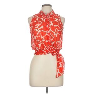 Moda International Red White Floral Silk Sleeveless Tie Waist Blouse M